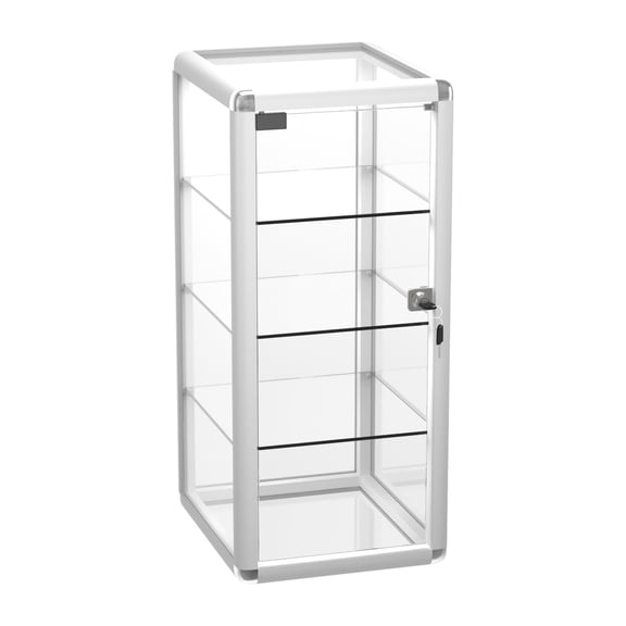 14"W x 27"H x 12"D, Silver Aluminum Tempered Glass Top Display Case with Lock, Key and 3 Glass Shelves for Retail, Mall and Office Display