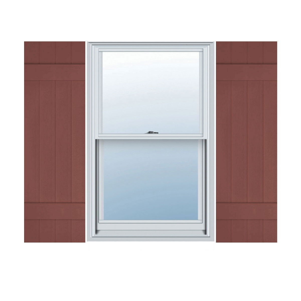 14"W x 29"H Lifetime Vinyl, Custom Four Board Joined (2 Batten), Board-n-Batten Shutters, w/Shutter-Loks (Per Pair), Burgundy Red