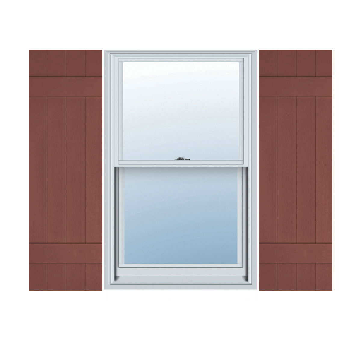 14"W x 30"H Lifetime Vinyl, Custom Four Board Joined (2 Batten), Board-n-Batten Shutters, w/Shutter-Loks (Per Pair), Burgundy Red