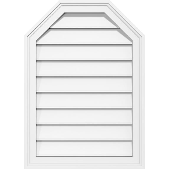 14"W x 34"H Octagonal Top Surface Mount PVC Gable Vent: Functional, w/ 2"W x 1-1/2"P Brickmould Frame