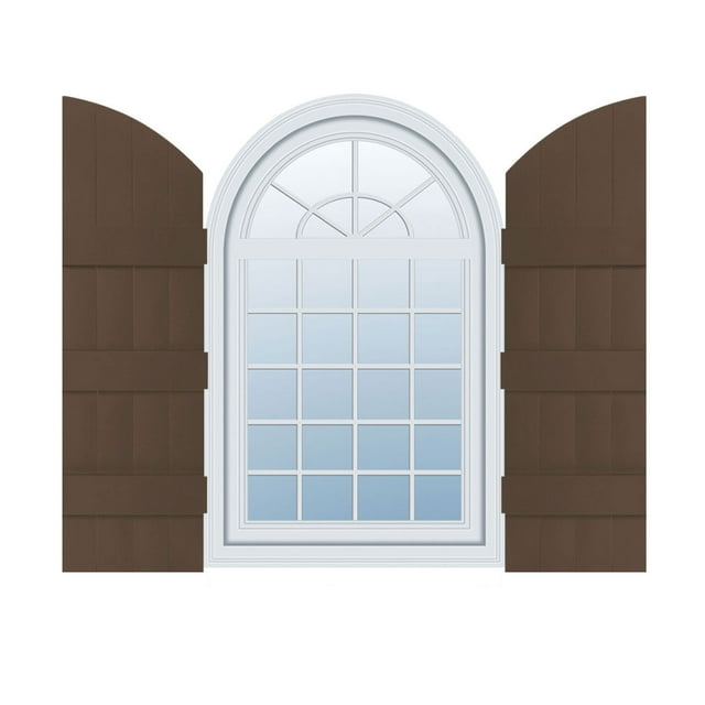14"W x 73"H (66" Low Side) Lifetime Vinyl, Standard Four Board Joined w/ Archtop, Board-n-Batten Shutters, w/Installation Shutter-Lok's & Matching Screws (Per Pair), Federal Brown