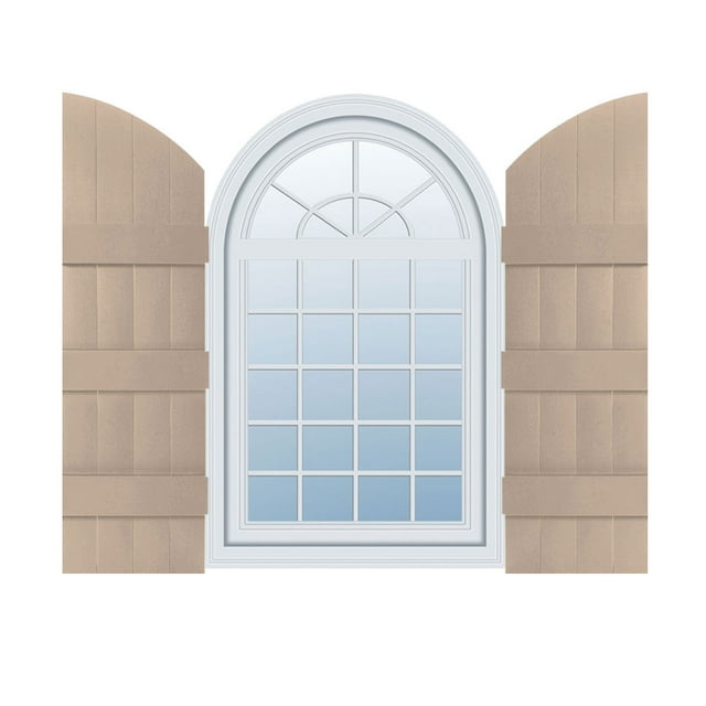 14"W x 82"H (75" Low Side) Lifetime Vinyl, Custom Four Board Joined w/ Archtop (3 Batten), Board-n-Batten Shutters, w/Shutter-Loks (Per Pair), Wicker