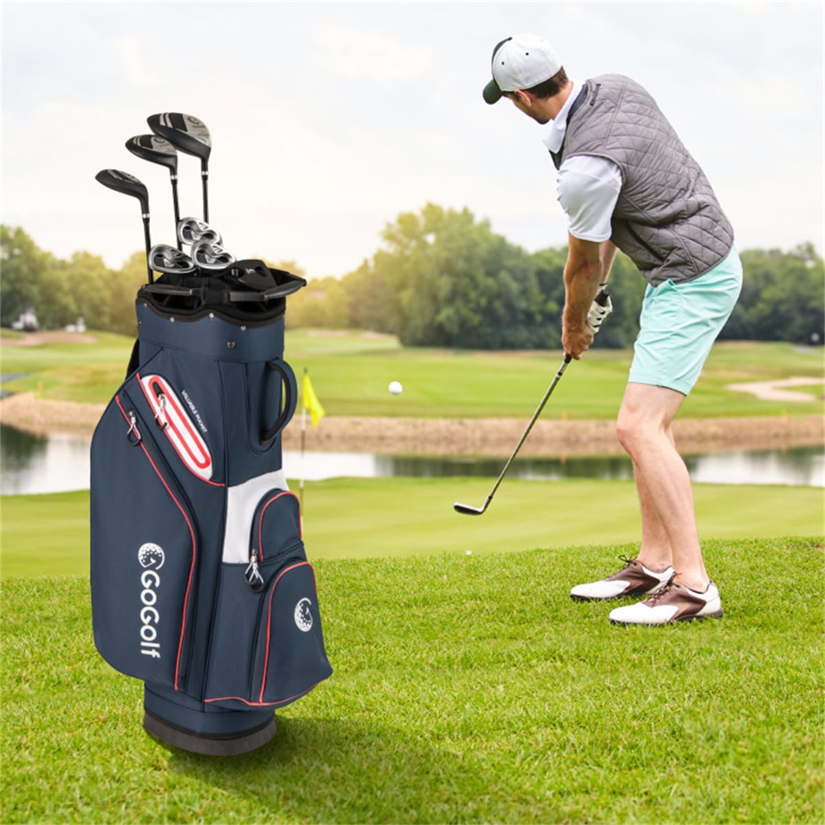 14 Way Golf Cart Bag with 6 Zippered Pockets Cooler Waterproof Rain Hood Umbrella Holder Lightweight 4.7 LB Stand Bag for Men Women Golfers Navy Red Polyester Range Country Club Course
