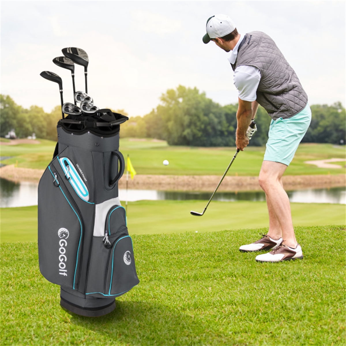 14 Way Golf Cart Bag Lightweight 4.7 lbs Stand Bag with Full Divider 6 Zipper Pockets Cooler Pocket Waterproof Zippers Umbrella Holder Towel Ring Golf Club Organizer Bag for Men Women Gray Blue