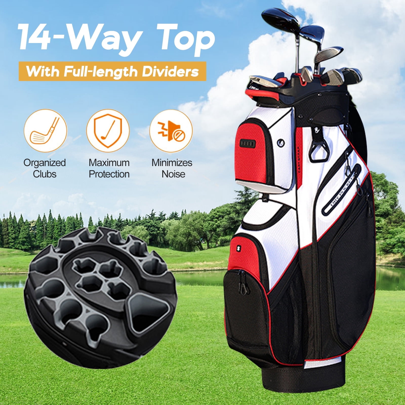 14-Way Golf Cart Bag with Full-Length Dividers - Oversized Cooler Pockets, Felt Lined Storage, Cart-Friendly Design (Red/White/Black)