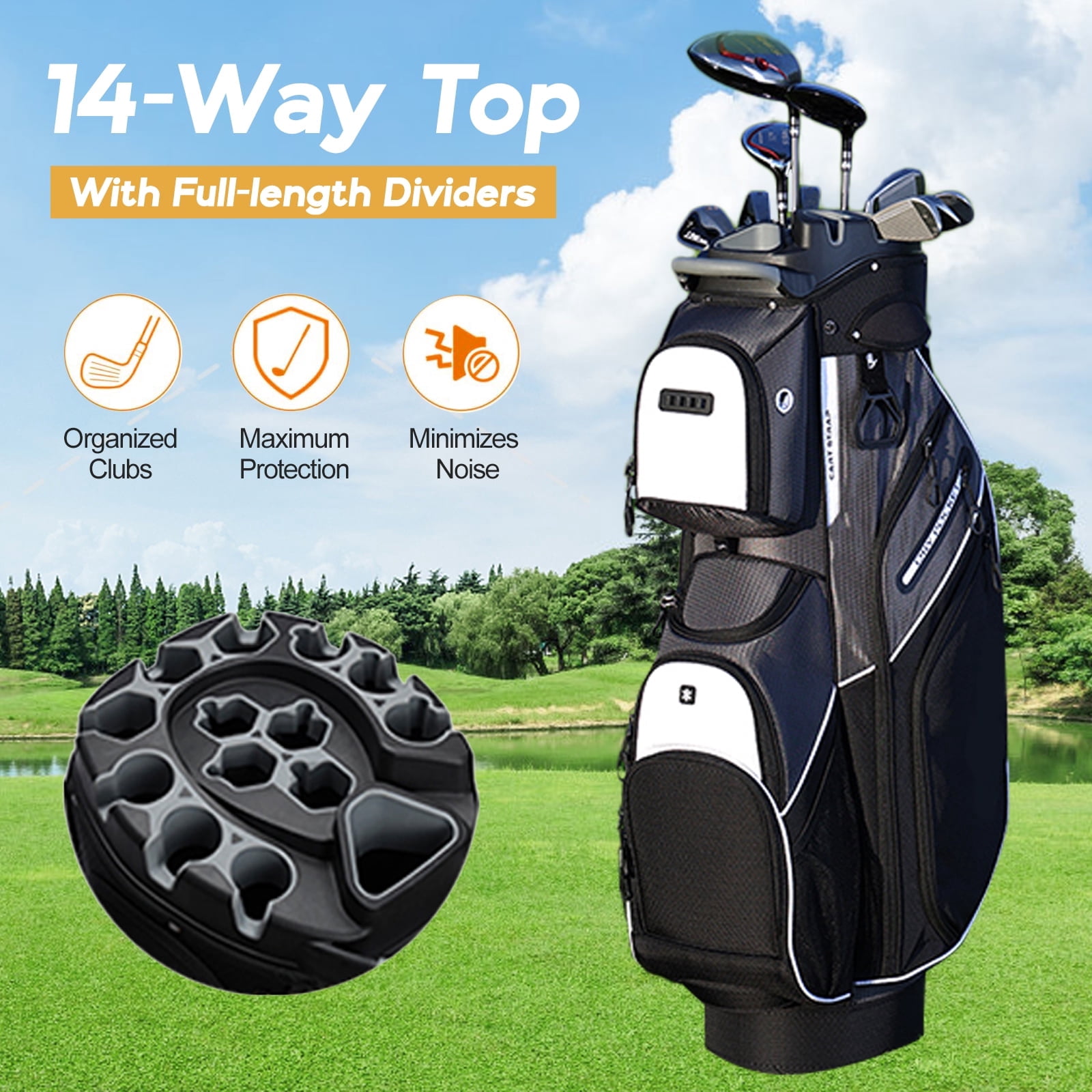 14-Way Golf Cart Bag with Full-Length Dividers - Oversized Cooler Pockets, Felt-Lined Storage, Cart-Friendly Design