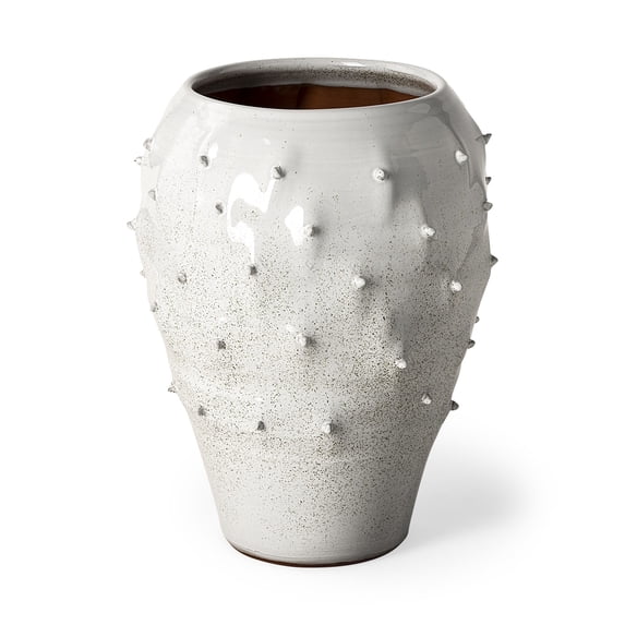 14' White Spiked Organic Glaze Large Mouth Ceramic Vase