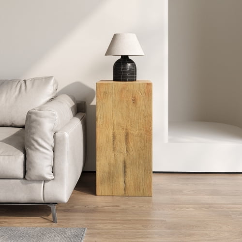 14" Wood Look MGO End Table, Square Column, Weather Resistant with Mix Height Design for Indoor Outdoor Patio, Natural