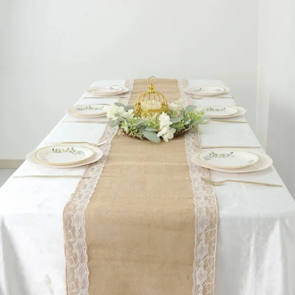 14" X 104" White Natural Burlap Lace Trim Table Runner Party Events Decorations