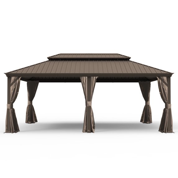 14' X 20' Hardtop Gazebo, Upgraded Metal Gazebo with Drainage System, Dual-Layer Galvanized Steel Roof with Curtain and Netting, Outdoor Shelter Canopy for Patio, Garden, Backyard, Brown