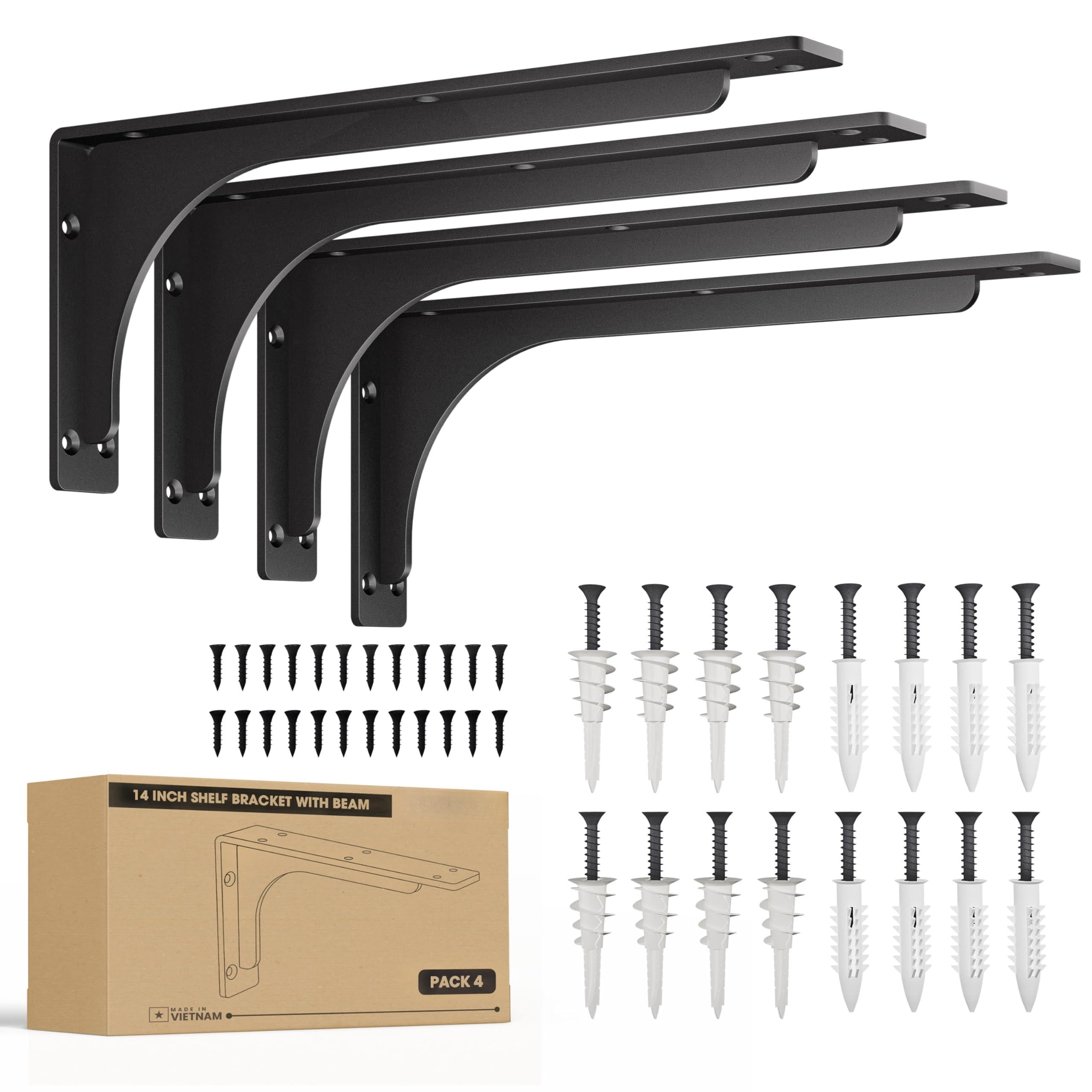 14" X 6" L Bracket With Beam - Shelf Brackets Black 300 Lbs Capacity Heavy Duty Shelving For Floating Shelves Wall Mounted Support Diy Mounting Hardware Included (pack 4)