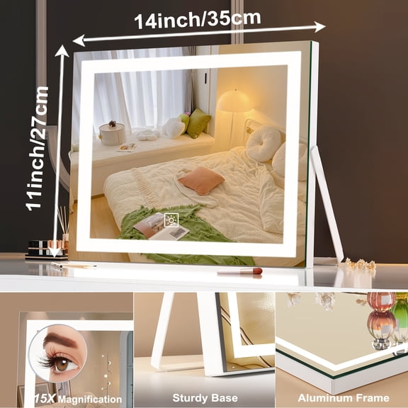 14"X11" Touch Control Vanity Mirror with Lights, 15X Detachable Magnifying Mirror, 3-Color Lighting & Brightness Adjustable, 360 Swivel, Perfect Gift for Women, Birthday, Wedding