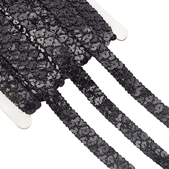 14 Yard Sequin Roll Metallic No Stretch Sequin Trim 2-Row Fabric Paillette Ribbon Trim Black Lace Trim for Dress Embellish and Headband Sewing - Black