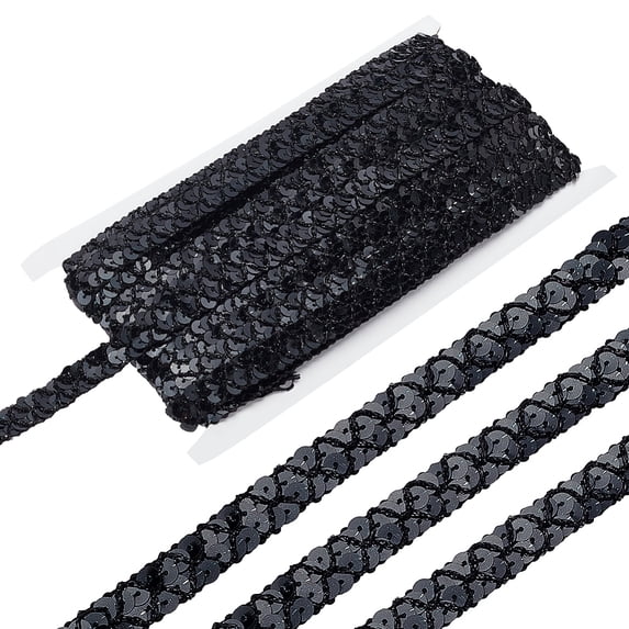 14 Yards 3/5 Inch Sequin Ribbon Trim Black Sequin Glitter Trim Metallic Sequin Braid Trim 2 Rows Flat Glitter Ribbon Bling Fabric Paillette Elastic