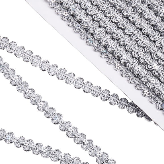 14 Yards 3/8 Inch Metallic Silver Braid Trim Woven Gimp Lace Trimming Upholstery Scroll Wave Sequin Bead Fabric Ribbon DIY