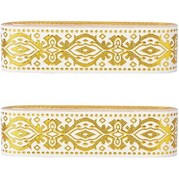 14 Yards Gold Ethnic Jacquard Ribbon Emobridered Woven Ribbon Boho Fabric Sewing Woven Ribbon Floral Trim Fringe Decor Trim for DIY Clothing Curtain Embellishment Decoration 1.3 Inch