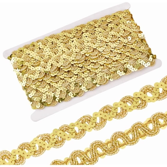 14 Yards Gold Sequins Trim Ribbon 0.7inch Wave Sequins Beaded Lace Trim Paillette Braid Strip Gimp Braid Fabric Ribbon for Sewing Clothes DIY Crafts Embellishments