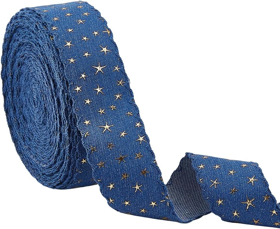 14 Yards Marine Blue Denim Trim Fabric Blue Jean Wired Edge Ribbon Gold Foil Star Denim Ribbon