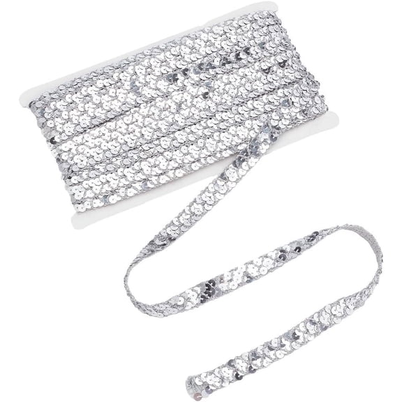 14 Yards Silver Sequin Trim 15mm Ribbon Sewing Lace Cord Shiny Sewing Paillette Ribbon Inelastic Sequin Strip for Christmas Sewing Dress Embellish Headband Costume