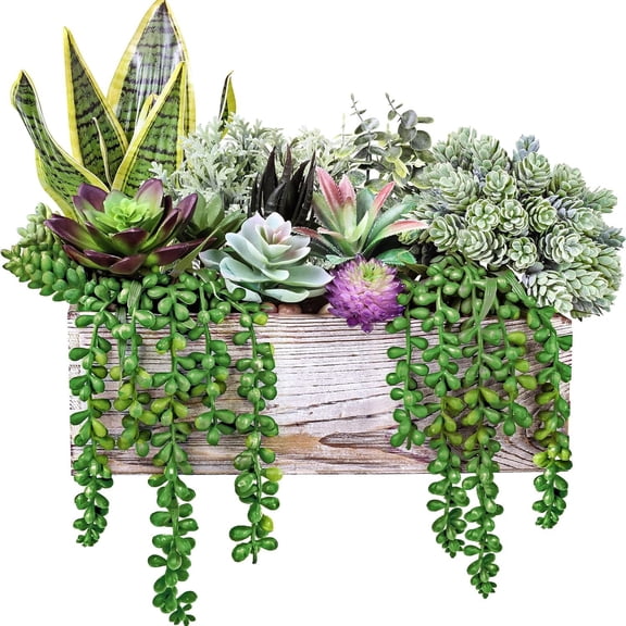 14 count Artificial in Rectangular Wooden Pots Artificial Potted Arrangement for Table Centerpiece Windowsill Shelf Mantel Tropical Greenery Decor
