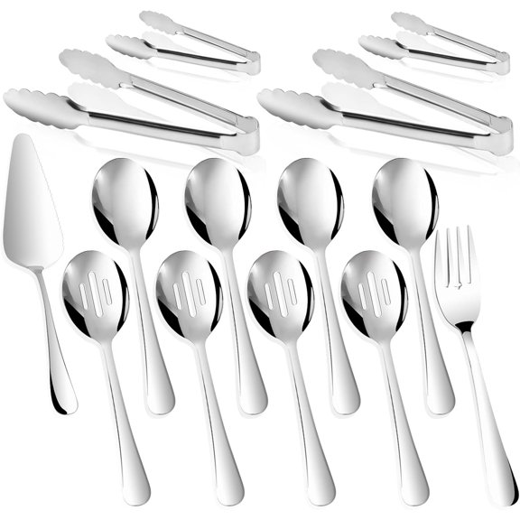 14 count Serving Utensils - Hostess Serving Utensils Set, Stainless Steel 8.7 inch Serving Utensils, Slotted Spoons, Fork, Tongs, Cake Pie Server for Buffet, Wedding, Dinner ()