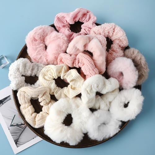 14 count  Solid Elastic Hair Ties, Big Hair Scrunchies for Women Long Thick Hair, Ponytail Holders, Hair Rubber Bands Accessories, for Women and Girls,  and Beige