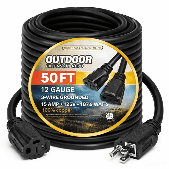 12 gauge extension cord 50 feet 15 amp extension cord 50 ft 12/3 125V 1875 WATTS Heavy Duty Indoor Outdoor Grounded power extension cord 50 ft 12 gauge Electric Cable 12 awg extension cord 5