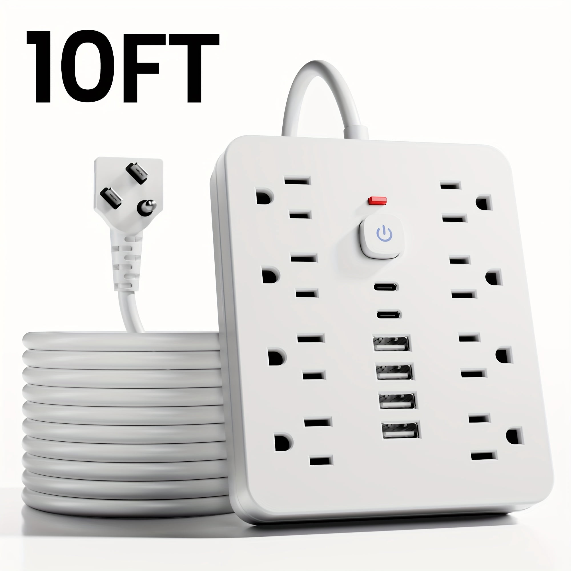 14-in-1 Power Strip: 8 AC Outlets, 6 USB Ports (2 USB-C), Surge Protector, Flat Plug, Wall Mount, Overload Protection, 5ft/10ft Cord for Home Office