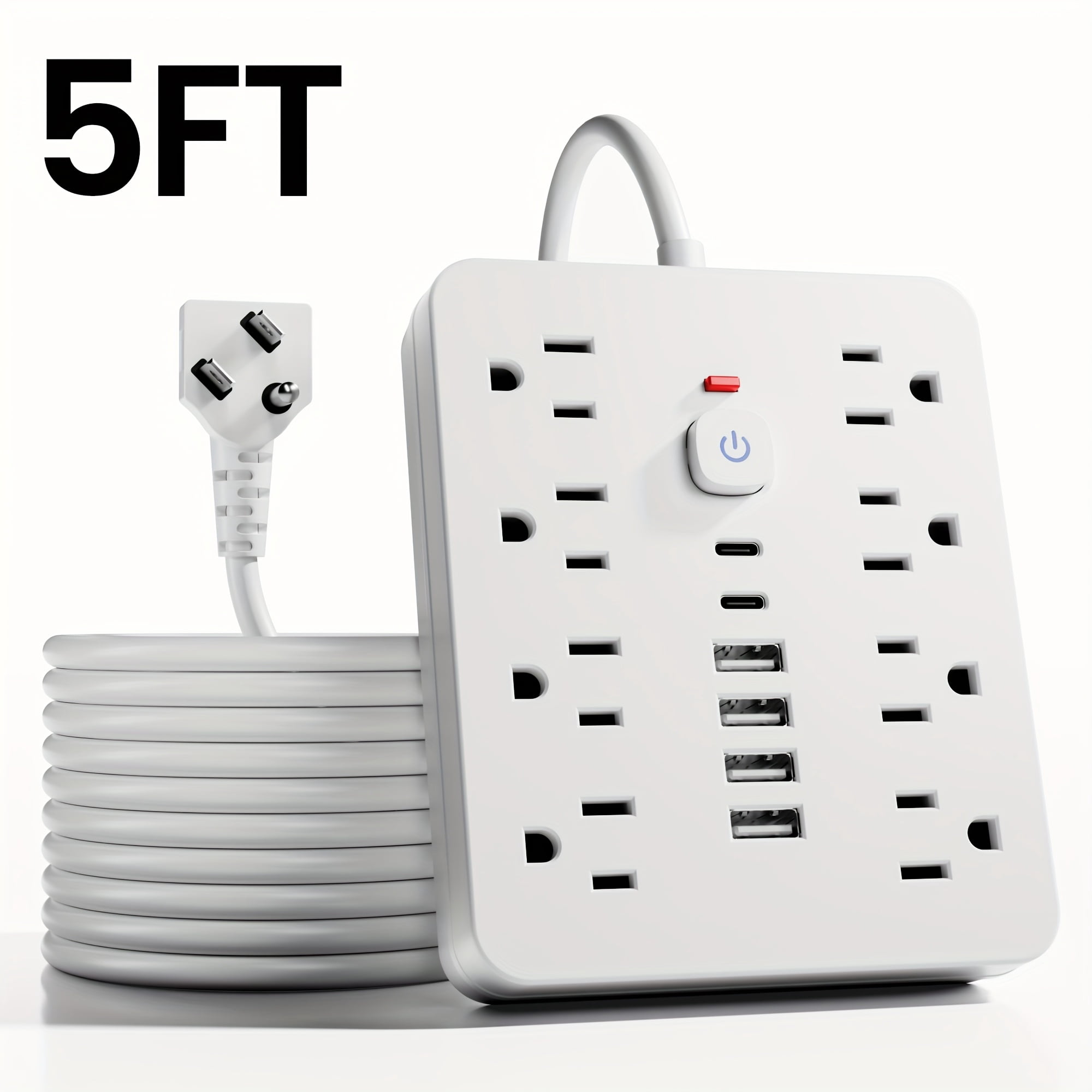 14-in-1 Power Strip: 8 AC Outlets, 6 USB Ports (2 USB-C), Surge Protector, Flat Plug, Wall Mount, Overload Protection, 5ft/10ft Cord for Home Office