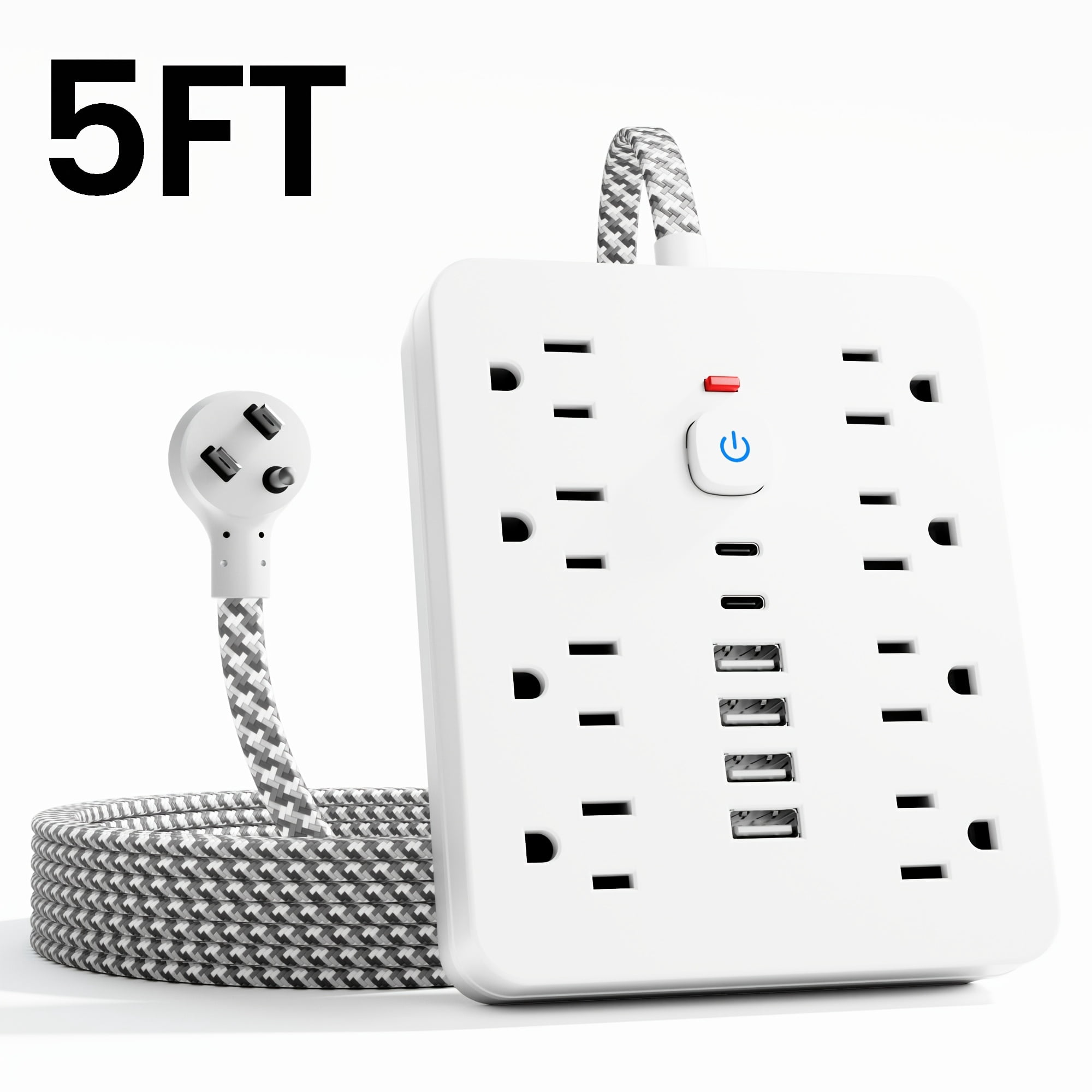 14-in-1 Power Strip: 8 AC Outlets, 6 USB Ports (2 USB-C), Surge Protector, Flat Plug, Wall Mount, Overload Protection, 5ft/10ft Cord for Home Office