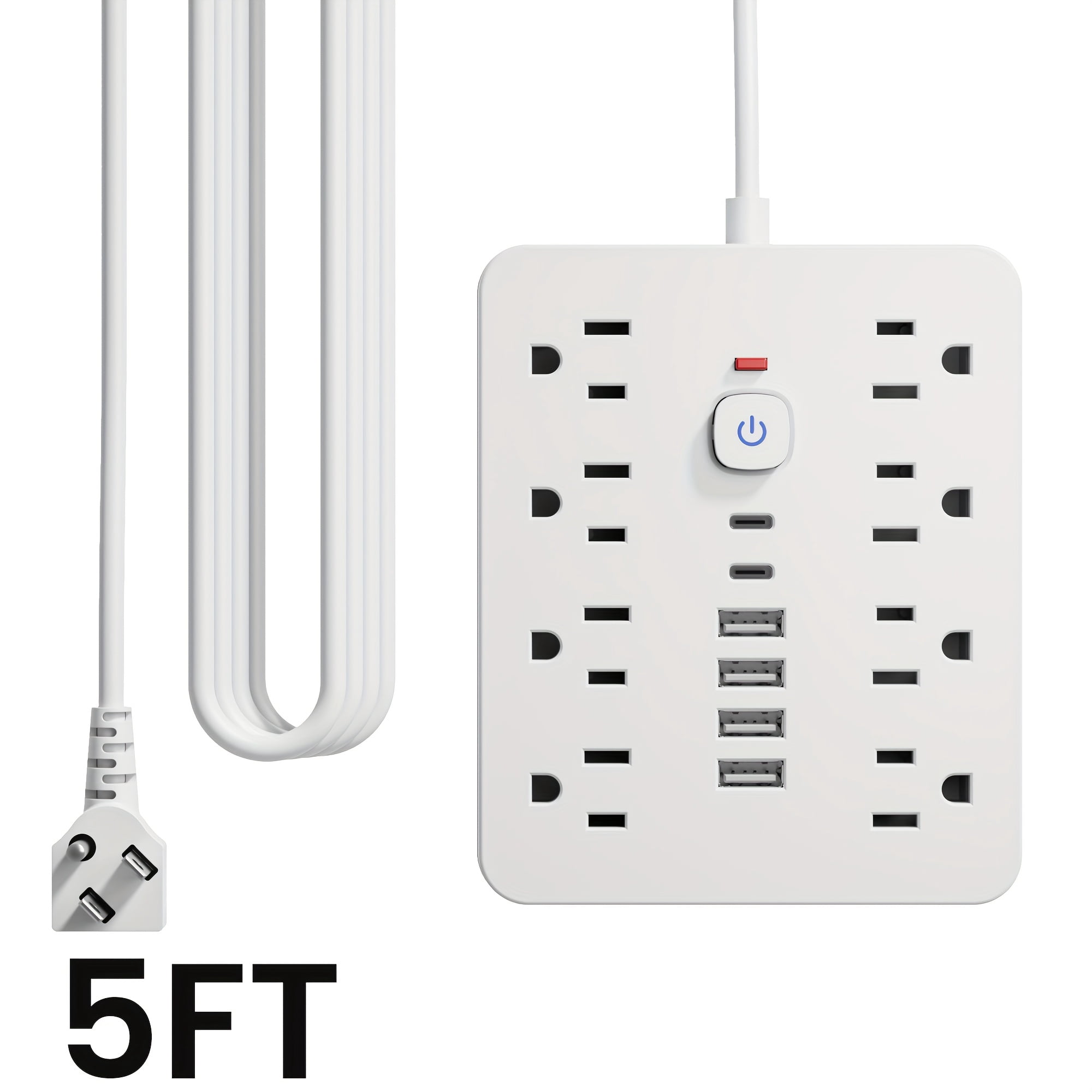 14-in-1 Power Strip with Surge Protector: 8 AC Outlets, 4 USB-A & 2 USB-C Ports, 5/10Ft Cord, Flat Plug, Wall Mount, Overload Protection for Home Office Desktop Charging