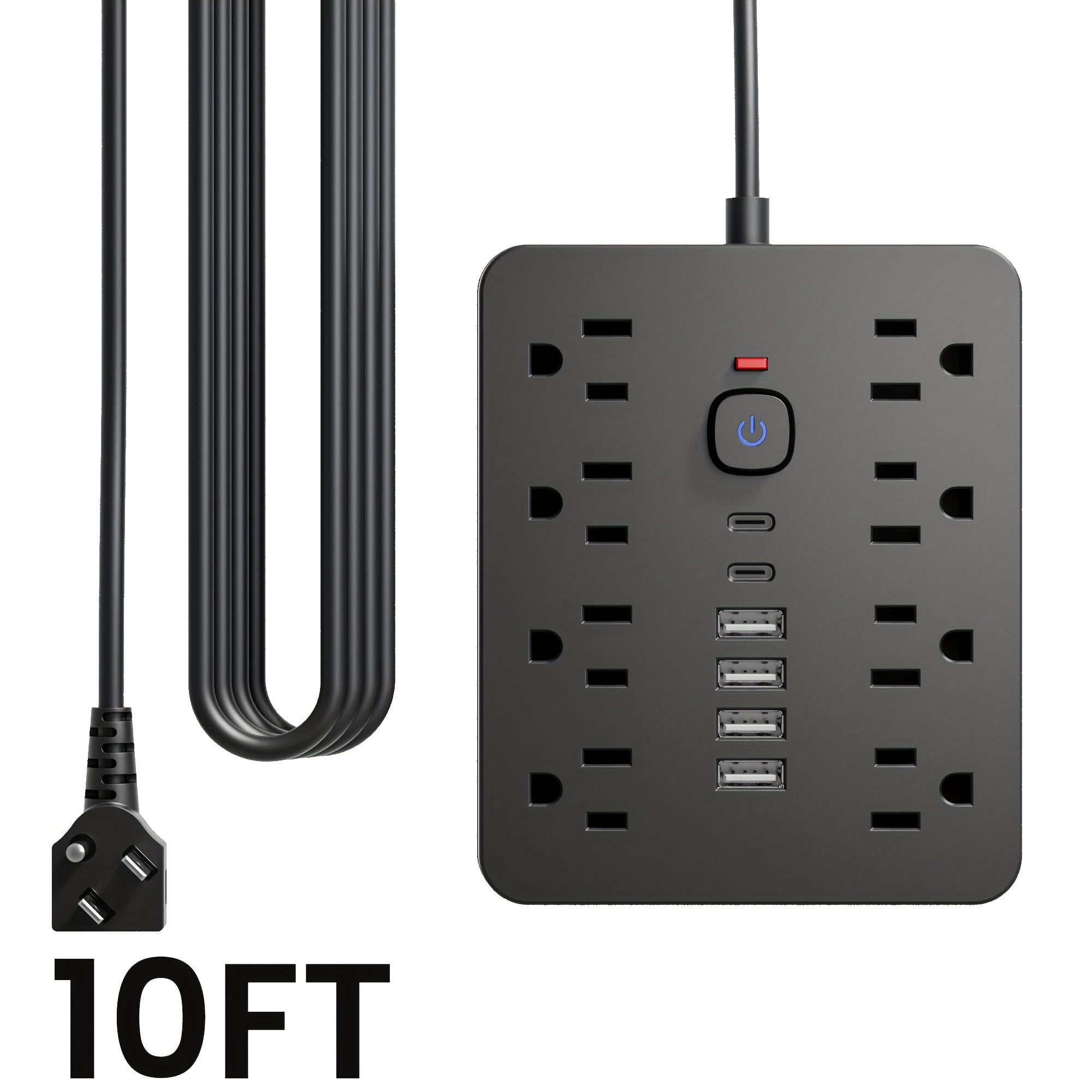 14-in-1 Power Strip with Surge Protector: 8 AC Outlets, 4 USB-A & 2 USB-C Ports, 5/10Ft Cord, Flat Plug, Wall Mount, Overload Protection for Home Office Desktop Charging
