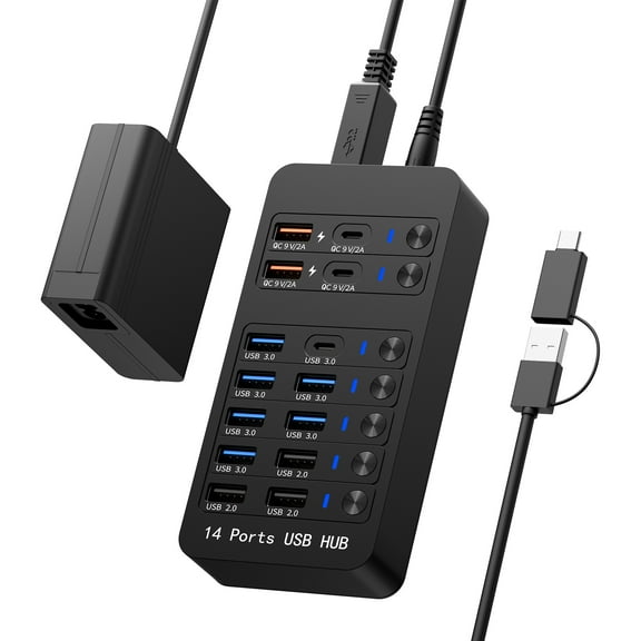 14-in-1 Powered USB Hub with 60W PD Charging, 6 USB 3.0 Ports, 4 Fast-Charging Ports, 1 USB-C 3.0 Data Port & LED Switches for Laptop, Phone, Tablet