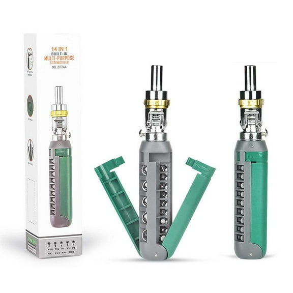 14-in-1 Ratcheting Set, Multi-Angle with Magnetic and to Phillips, Slotted, Multi-Function Bits,