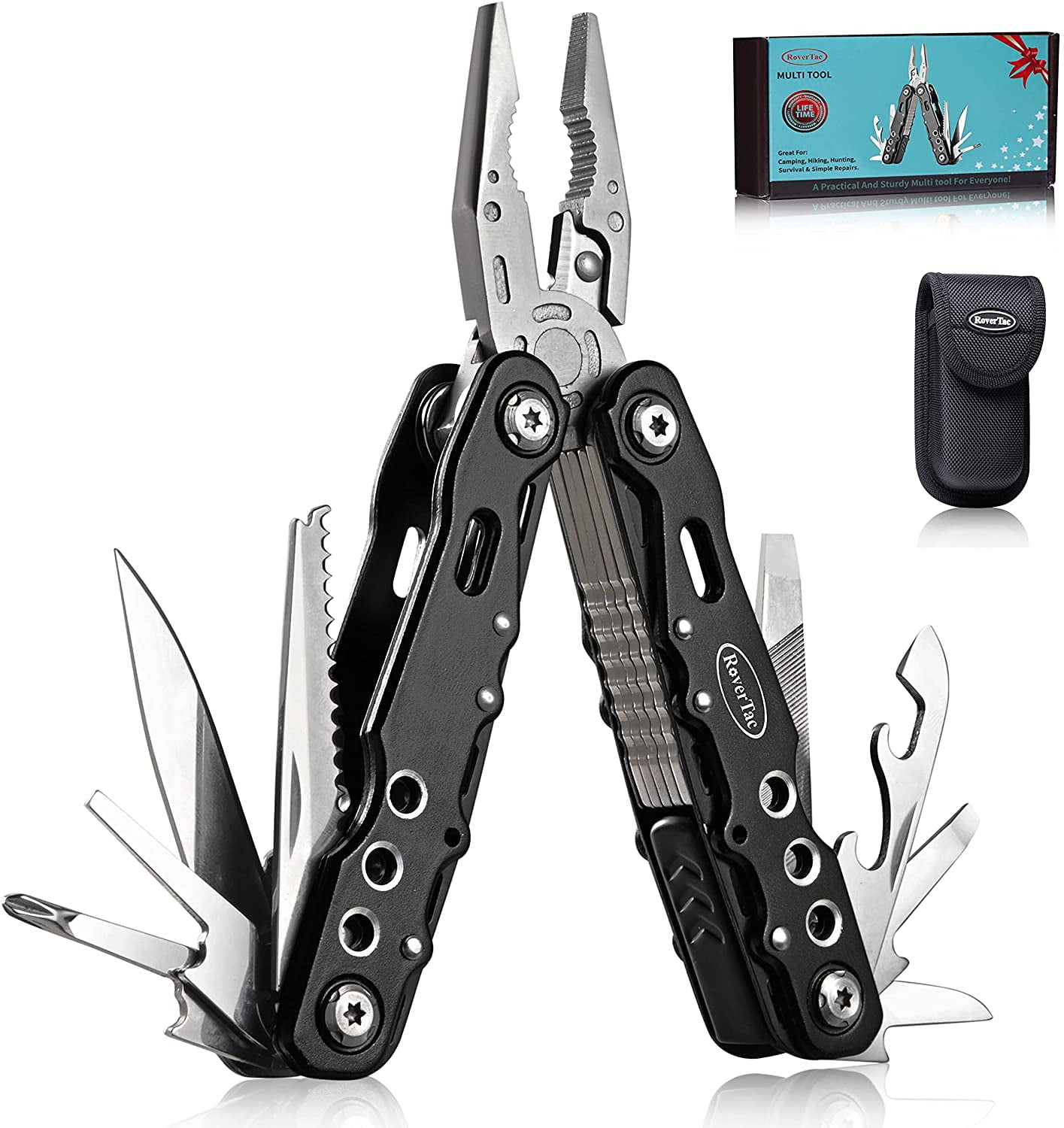RoverTac Multitool Knife Pliers Chirstmas Gifts Husband 12 in 1 Multi Tool  with Safety Lock Screwdrivers Bottle Opener Durable Sheath Perfect Camping  Hiking Simple Repairs 
