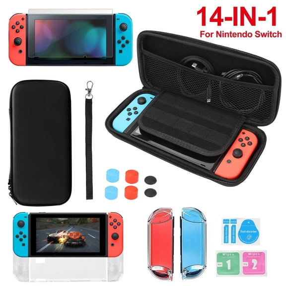 14-in-1 Starter Kit Fit for Nintendo Switch, Portable Carrying Travel Case for Nintendo Switch and Accessories, Include Protective Case, Screen Protector, Thumb Grips Caps