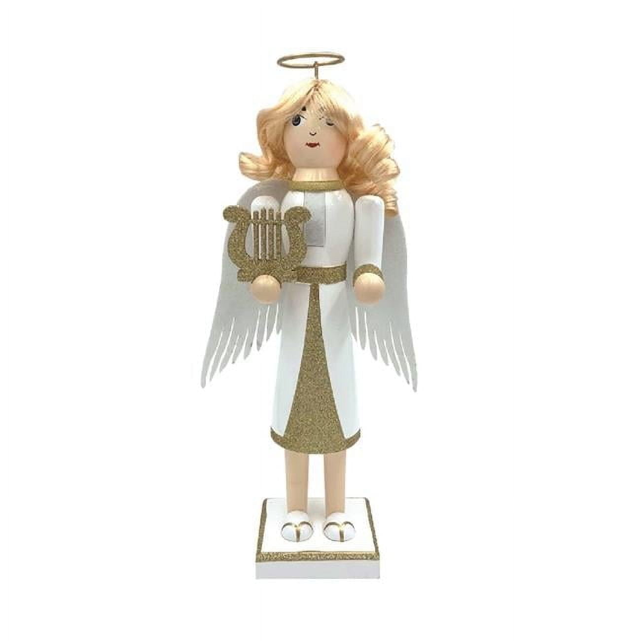 Handcrafted 14" White and Gold Angel Nutcracker with Harp