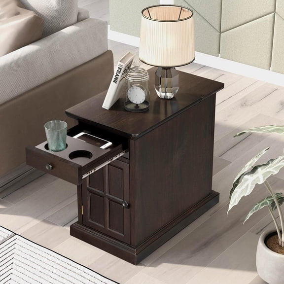 Vintage End Table Solid Wood USB Charging Station, Multifunctional Drawer with Cup Holders & Lift Top, Espresso Living Room Side Table