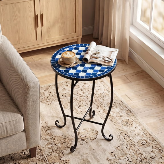 14 in Floral Mosaic Patio Accent Table Blue Metal Frame X Base Outdoor Side Table