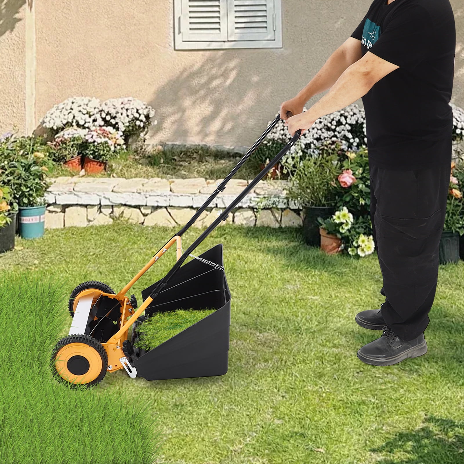 14 in Lawn Mower, Hand Push Lawn Mower with Four 5-Edged Blades, Cordless Push Reel Lawn Mower with Grass Catcher, Wheeled Grass Cutter