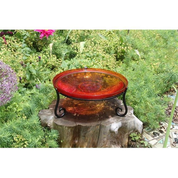 14 in. Red Crackle Birdbath with Short Stand II
