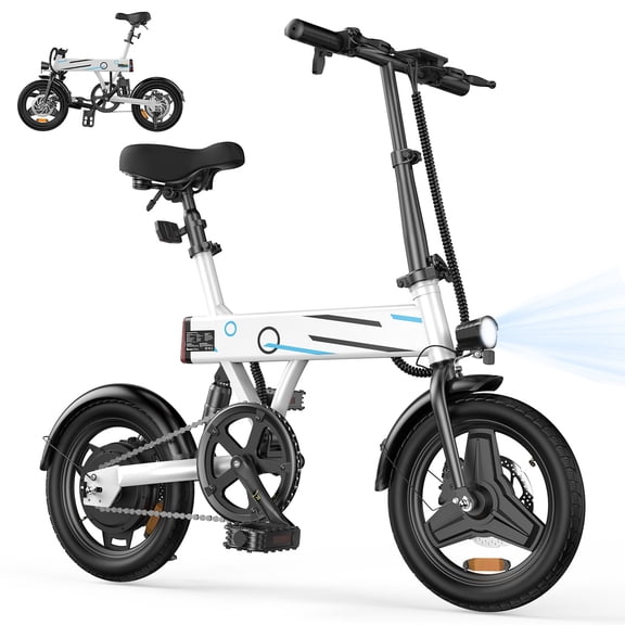 14-inch 500W Foldable Electric Bike for Adults, City E-Bike with 3-Speed Settings (9/15/20mph) ,Uphill Assist, LED Light,25-Mile Range and 36V7.8Ah Battery,White,UL2849