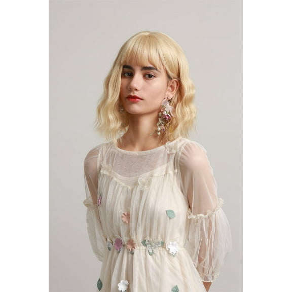 14 inch Blonde Wig Blonde Wig with Bangs Heat Resistant Synethetic Fiber Wig