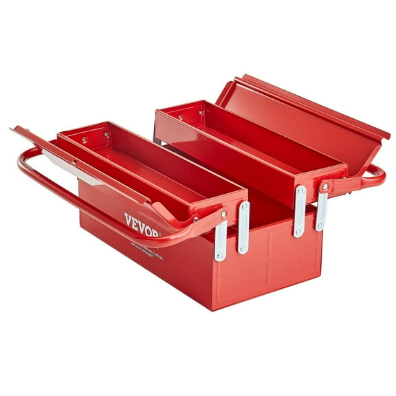 14-inch Folding Toolbox, 2-Tier 3-Tray Cantilever Tool Box with Handle - Red