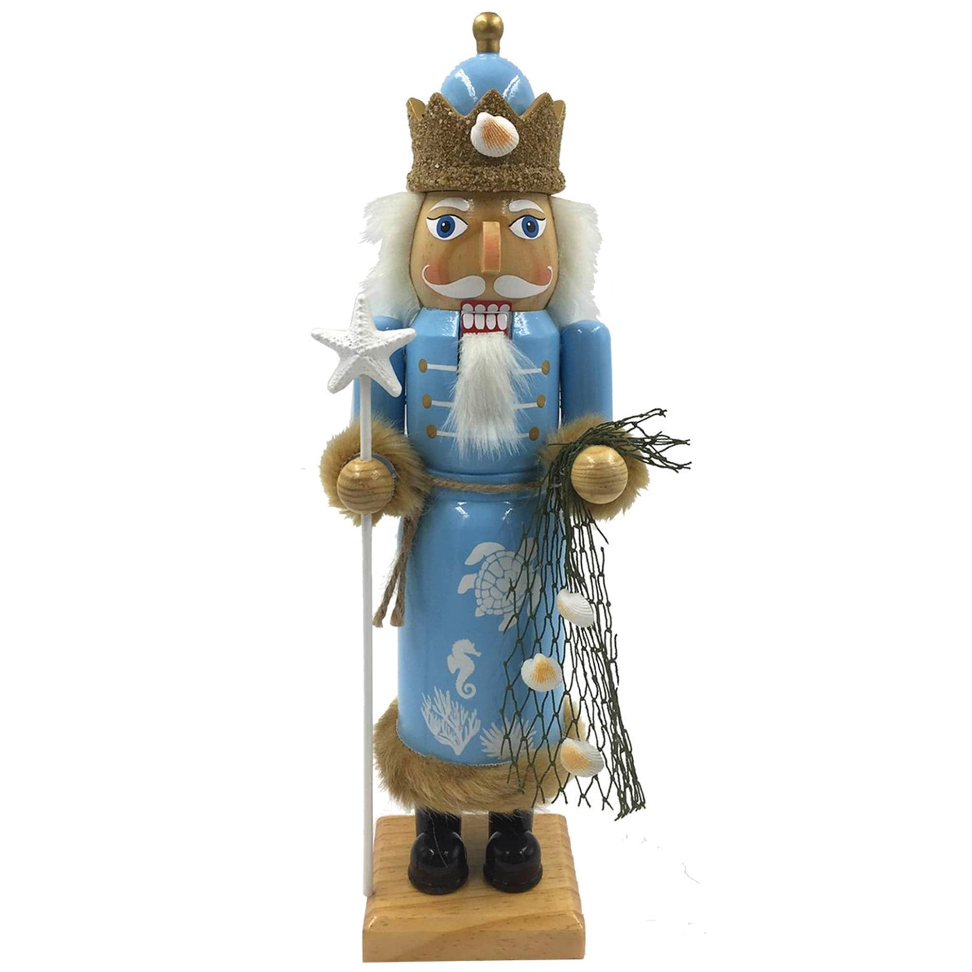 14" Coastal King Nutcracker with Blue Overcoat and Furry Detailing