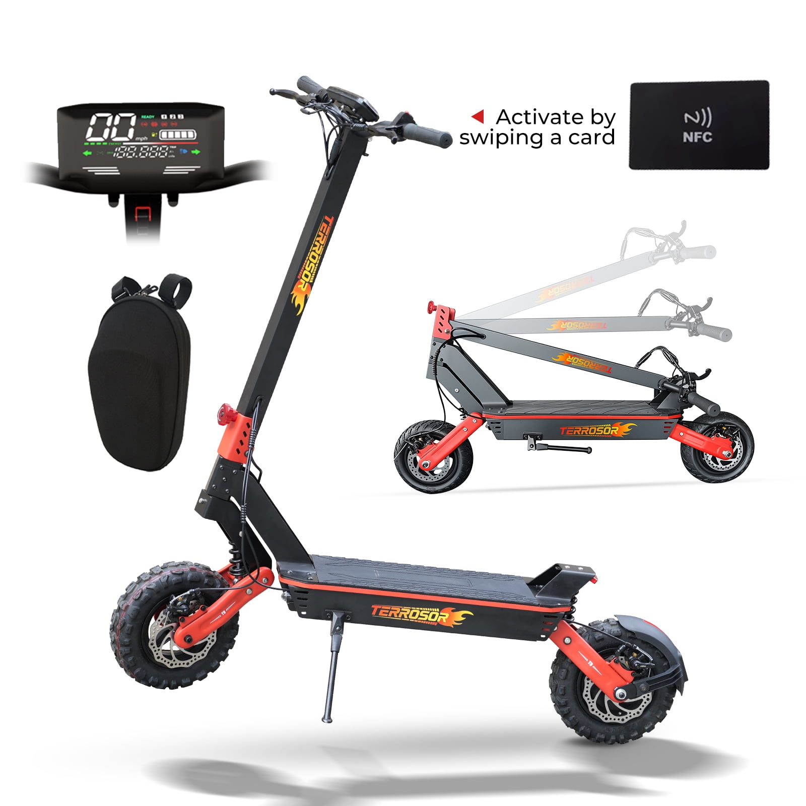 48V 1200W Adult Electric Scooter with 34-mile Range, 28 mph top Speed, 265 pound Load Capacity, Front and Rear Dual Shock Absorbers, LED Screen Design, 11 in off-road Tires, NFC, Foldable Portability