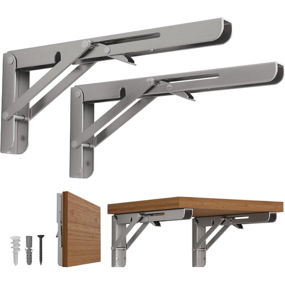 14 inch Folding Shelf Brackets-2 Pack Foldable Heavy Duty Triangle Collapsible Wall Mounted Brackets for Fold Down Table, Space Saving for Bench Table with Screws, Stainless Steel