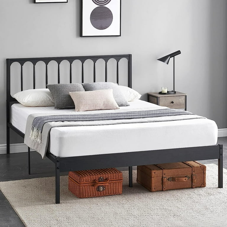 14 inch Full Size Bed Frame Metal Platform Mattress Foundation with Headboard Heavy Duty Steel Slat Support No Box Spring Needed Easy Assembly