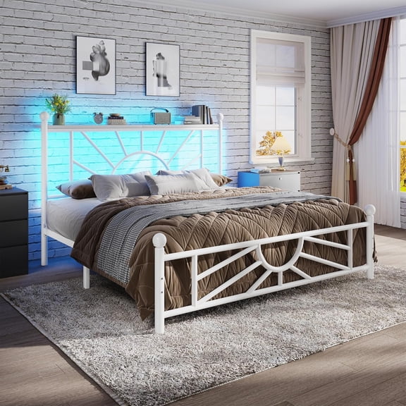 14 inch Full Size Metal Platform Bed Frame with Headboard, Victorian Full Size Bed Frame with Strong Metal Slats, No Box Spring Needed, Noise-Free, Easy Assembly, Suitable for Bedrooms, White