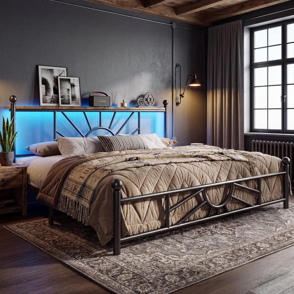 14 inch King Size Metal Platform Bed Frame with Classic Iron-Art Headboard, Victorian King Bed Frame with Under Bed Storage/No Box Spring Needed/Noise-Free/Easy Assembly, Dark Black